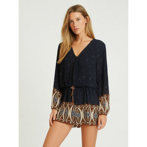 Bohemian Long Sleeved Semi Sheer Lined Romper Size XL Black and Brown